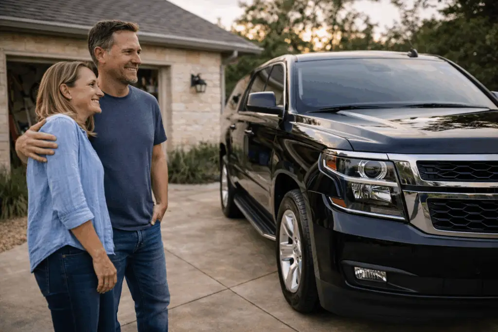husband and wife admiring their newly detailed SUV