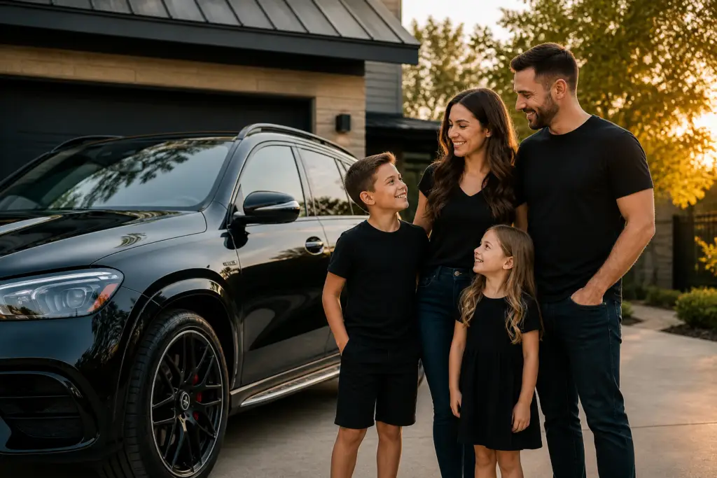 family standing beside their car with a ceramic coating